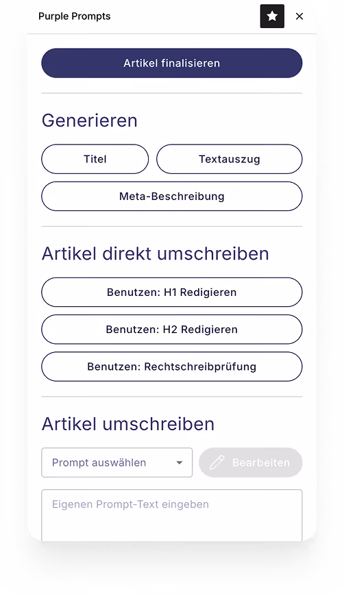 Benutzeroberfläche mit Optionen zum Generieren und Umschreiben von Artikeln auf Deutsch.