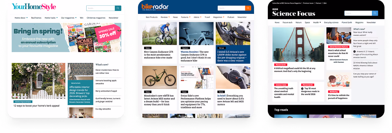 Screenshots of Your Home Style, BikeRadar, and BBC Science Focus magazine websites with news and articles.