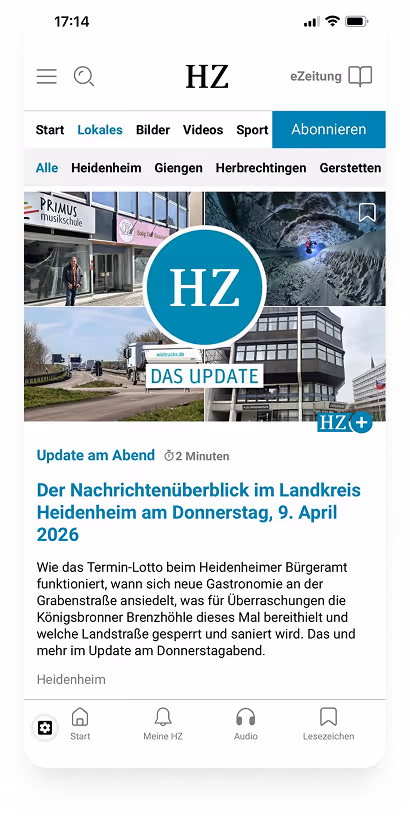 Smartphoneanzeige der HZ-App mit Nachrichtenübersicht für Landkreis Heidenheim am 9. April 2026.