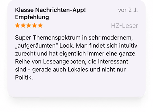 Bewertung für Nachrichten-App mit fünf Sternen und positivem Kommentar zum modernen, aufgeräumten Design.