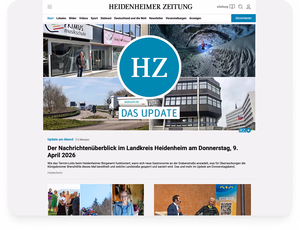 Website der Heidenheimer Zeitung mit Nachrichtenüberblick und Bildern vom 9. April 2026.