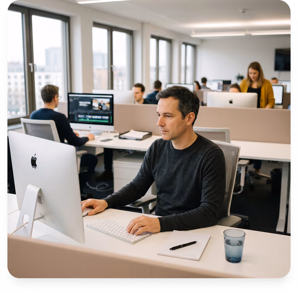 Mann arbeitet an einem iMac in einem hellen, modernen Büro mit weiteren Personen im Hintergrund.