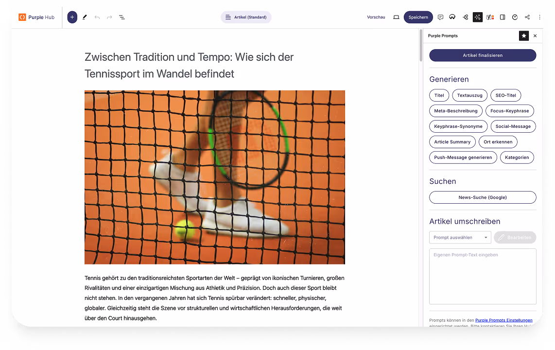 Ein Tennisschläger und Ball hinter einem Tennisnetz auf einem roten Hartplatz.