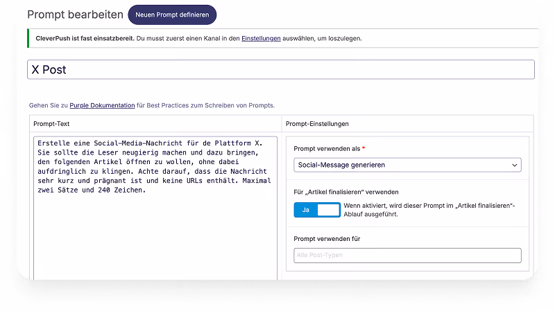 Bildschirm zeigt Eingabefelder für Social-Media-Prompt und Einstellungen im CleverPush-Editor.