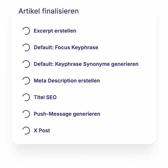Aufgabenliste zum Artikel-Finalisieren mit Punkten wie Excerpt erstellen, Meta Description und Titel SEO.