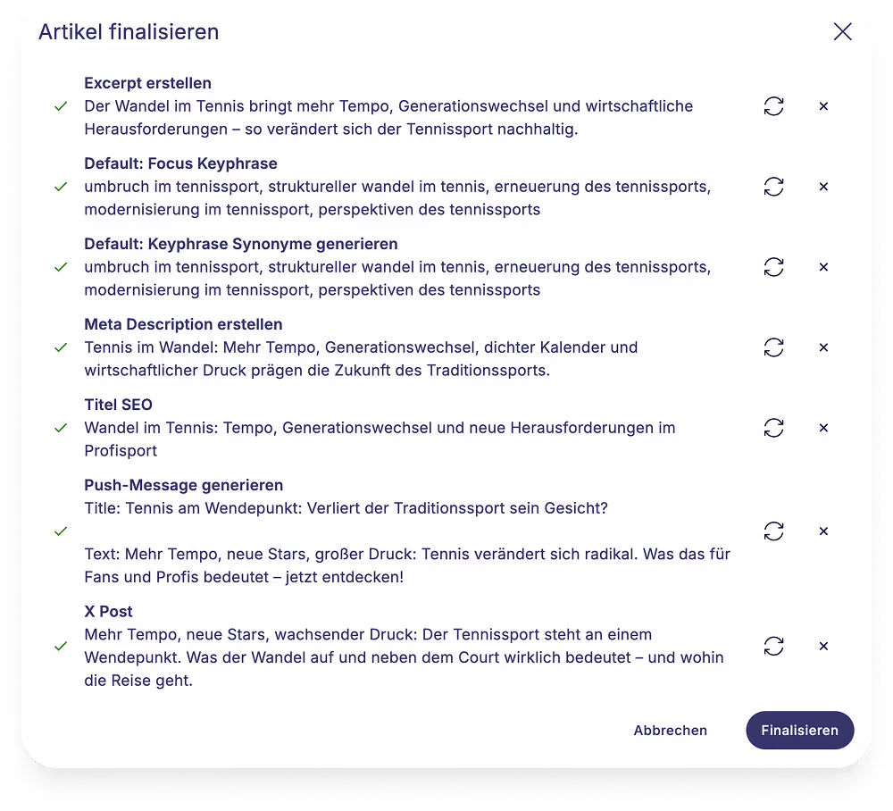 Bildschirm zeigt abschließende Artikelübersicht zu Tennis mit SEO-Texten und Vorschlägen in Deutsch.