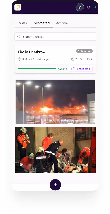 App screen shows a submitted story about a Heathrow fire with images of flames and rescue workers.