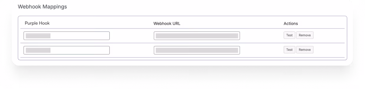 Tabelle mit Webhook-Zuordnungen, zeigt Purple Hook, Webhook-URL und Aktionen mit Test- und Entfernen-Buttons.