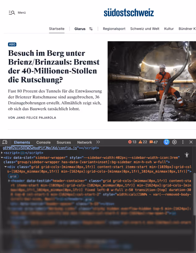 Mann in orange Arbeitskleidung im Tunnel mit Ausrüstung für Entwässerung und Tunnelbau.