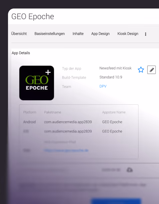 App-Details für GEO Epoche mit Typ Newsfeed, Standard 10.9 Template, und Android/iOS Paketnamen.
