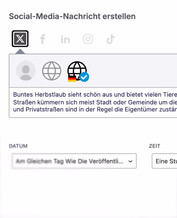 Social media message creation interface with German text about colorful autumn leaves and street maintenance.