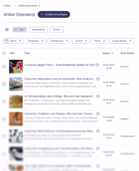 Dashboard zeigt Artikelliste mit Titel, Datum, Status und Vorschau-Bildern in deutscher Sprache.