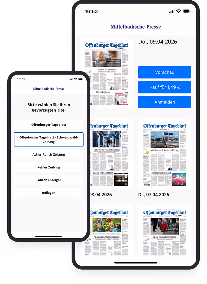 Mobilgeräte zeigen Zeitungsauswahl und Kaufoptionen der Mittelbadische Presse App mit Offenburg Artikeln.