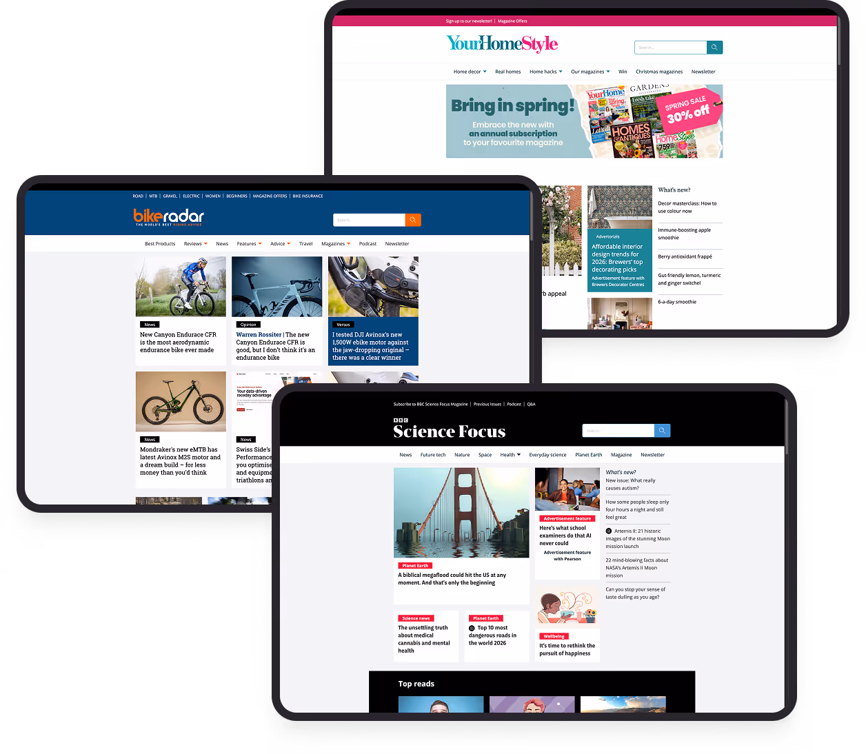 Three digital magazine homepages showing content on home style, cycling, and science news.