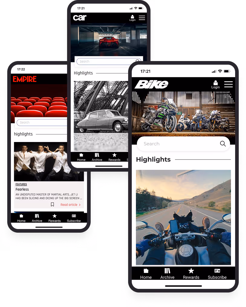 Drei Smartphone-Bildschirme mit verschiedenen Magazin-Webseiten: Empire, Car, Bike, alle zeigen Highlights und Navigation.
