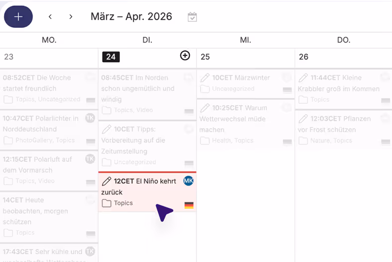Kalenderansicht für März bis April 2026 mit Terminen am 23. bis 26., Fokus auf 24. März mit El Niño Thema.
