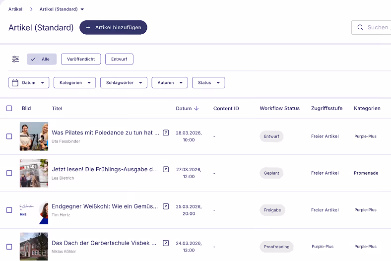 Redaktionsübersicht mit Artikelliste, Titeln, Autoren, Veröffentlichungsdatum und Statusfiltern auf Deutsch.