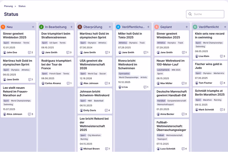 Kanban-Board mit Statusspalten für Sportnachrichten von Neu bis Veröffentlicht mit Terminen und Autoren.