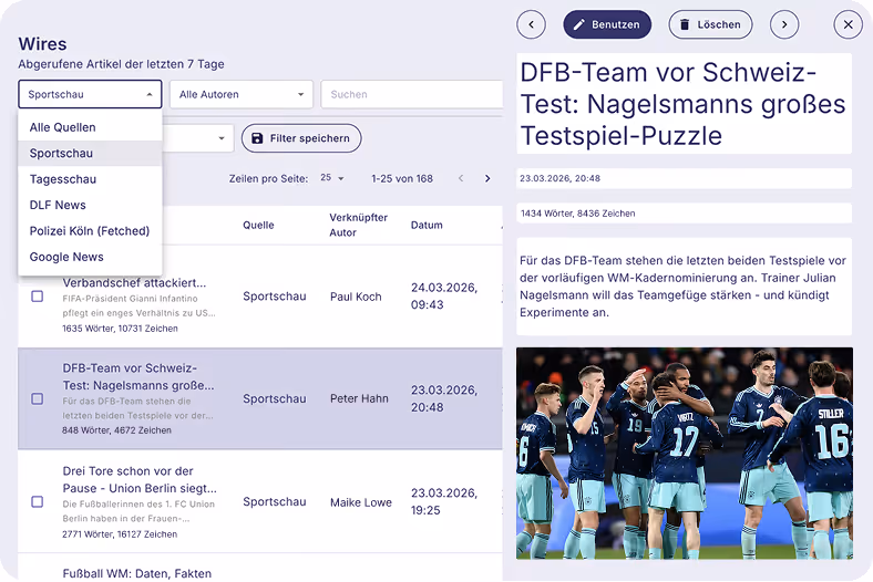 Screenshot einer Sportnachrichten-Webseite mit Artikelliste und Detailansicht zum DFB-Team vor Schweiz-Test.