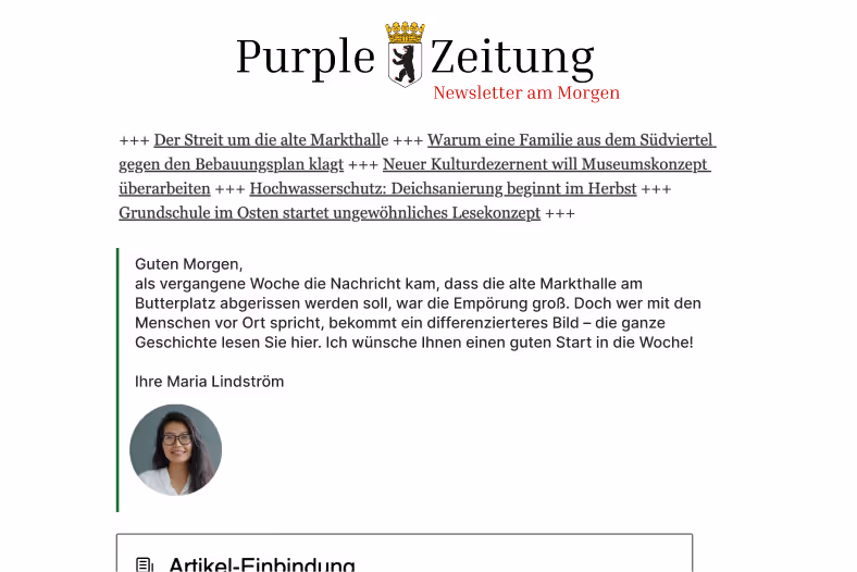 Briefkopf der Purple Zeitung mit Zeitungstitel, Newsletter-Titel, einigen Artikellinks und Begrüßungstext.