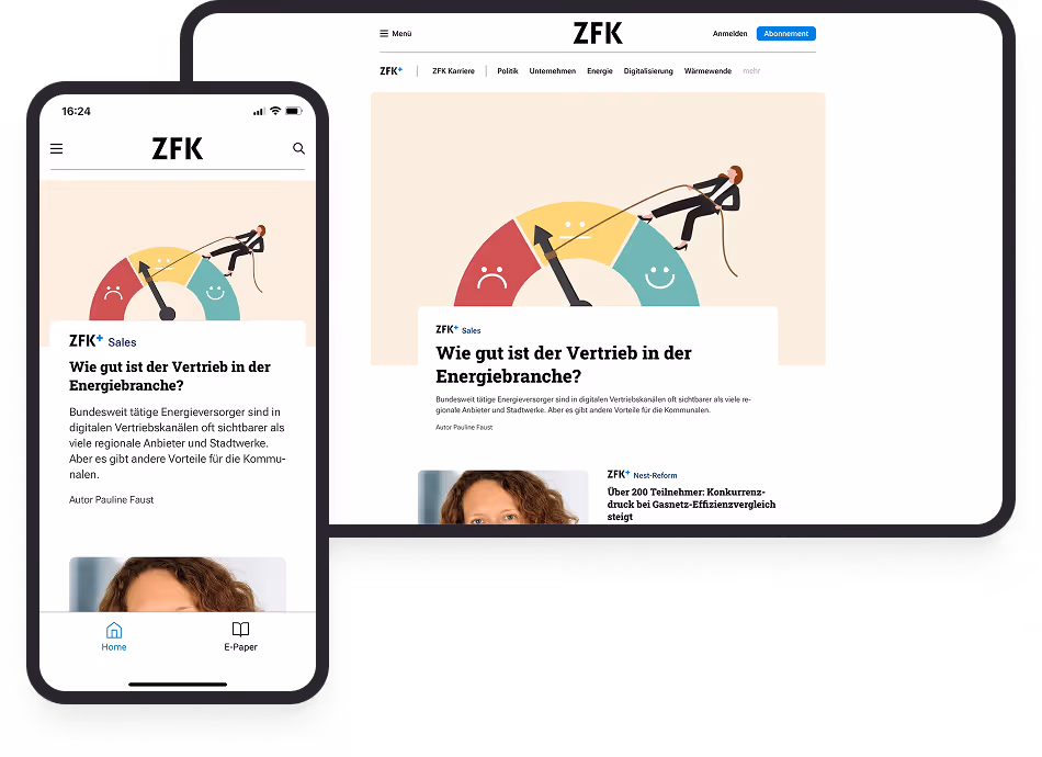 Seite zeigt Artikel über Vertrieb in der Energiebranche mit Diagramm und Geschäftsperson, die an einer Skala zieht.