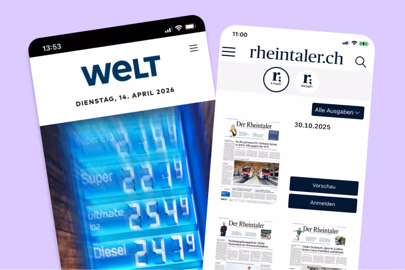 Zwei Smartphone-Bildschirme zeigen die Apps der Nachrichtenportale WELT und rheintaler.ch.