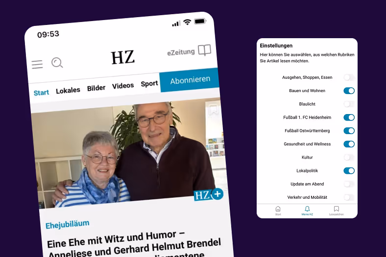 Mobiltelefon zeigt eine Zeitung mit einem älteren Paar und einer Rubriken-Auswahl mit verschiedenen Kategorien.