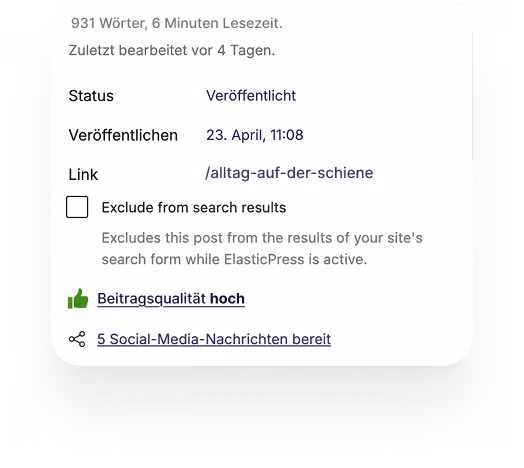 Screenshot of blog post details with status veröffentlicht, publish date, link, and social media share info in German.