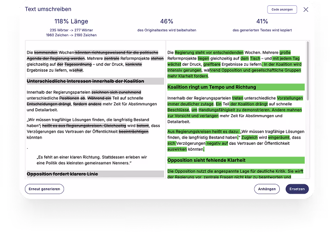 Screenshot of a German text with original and rewritten versions highlighted and compared side by side.