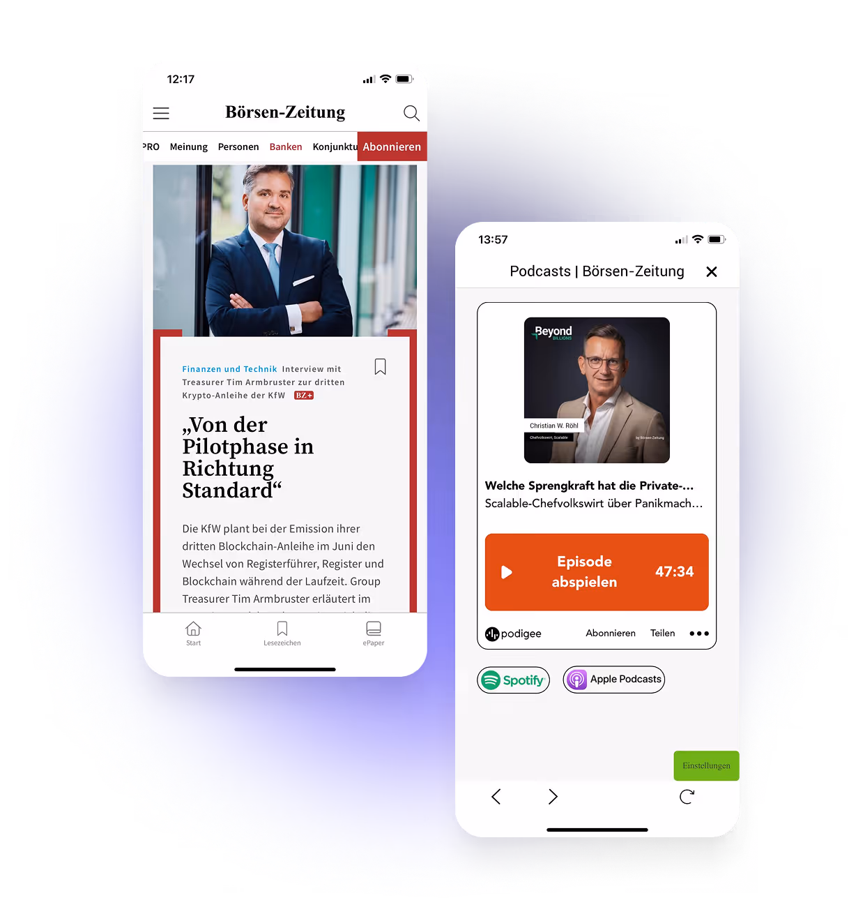 Zwei Smartphones zeigen Börsen-Zeitung Artikel und Podcast mit Tim Armbruster und Christian W. Röhl.
