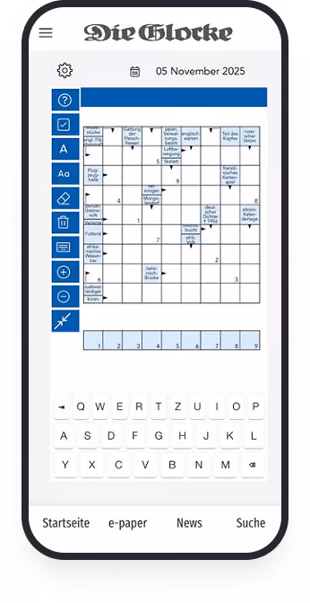 Smartphone zeigt Kreuzworträtsel der Zeitung Die Glocke vom 5. November 2025 mit Tastatur und Menü.