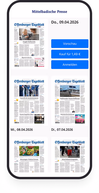 Mobile screen showing Mittelbadische Presse with four Offenburger Tageblatt newspaper covers and purchase options.