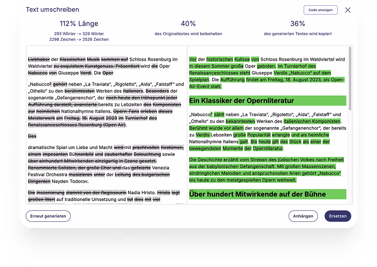 Text mit Vergleich: Ursprünglich gestrichen, neue Version hebt Operninfo zu Nabucco mit Verdi und Aufführung hervor.