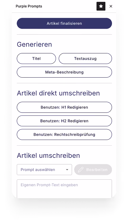 Benutzeroberfläche von Purple Prompts mit Optionen zum Generieren und Umschreiben von Artikeln auf Deutsch.