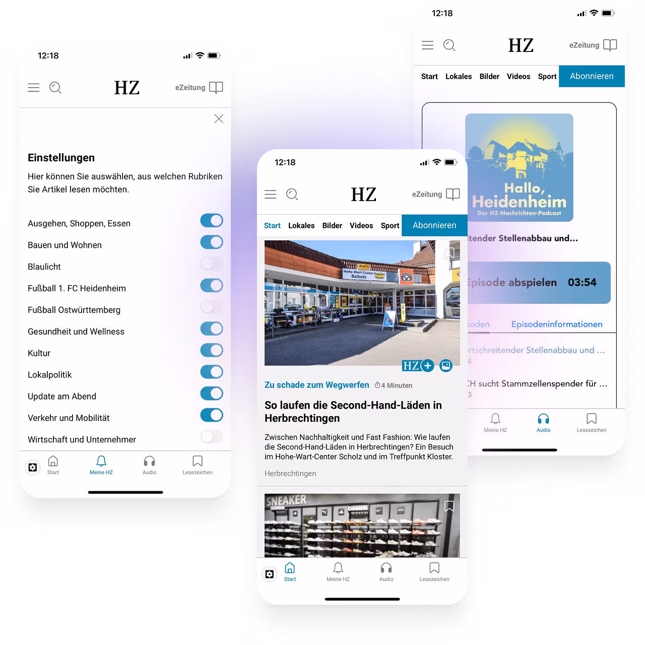 Drei Mobilbildschirme der HZ-App mit Nachrichten, Einstellungen und Podcast-Optionen.