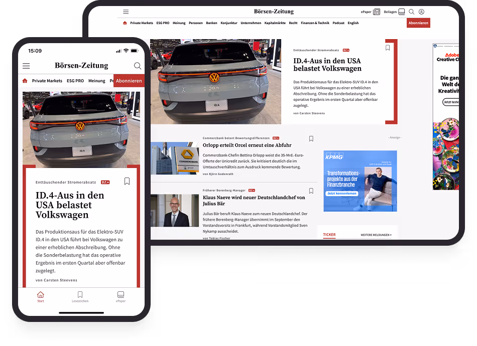 Börsen-Zeitung Webseite zeigt Artikel über ID.4 SUV von Volkswagen mit Bildern auf Tablet und Smartphone.