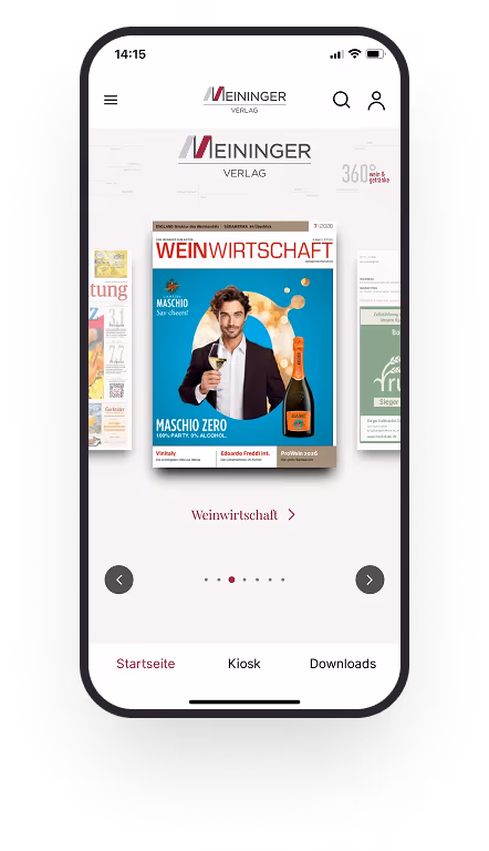 Smartphone zeigt Meininger Verlag-App mit Weinwirtschaft-Magazincover und Navigationselementen.