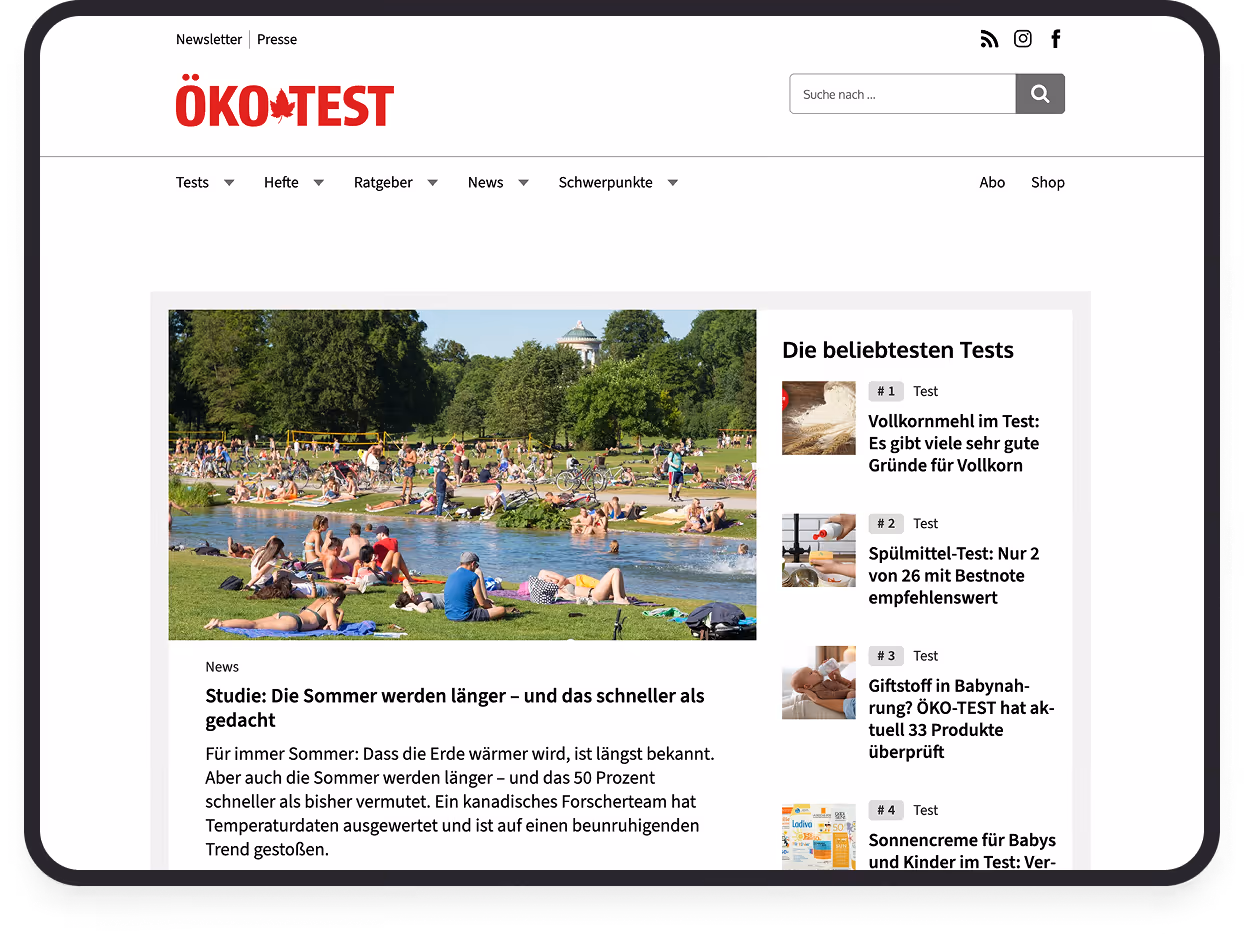 ÖKO-TEST website showing summer study article with people relaxing by a river in a park.