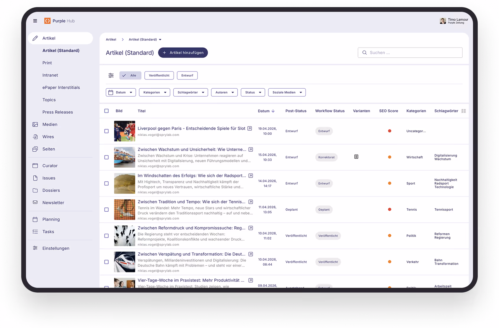 Benutzeroberfläche eines Content-Management-Systems mit Artikelliste und Filteroptionen in Deutsch.