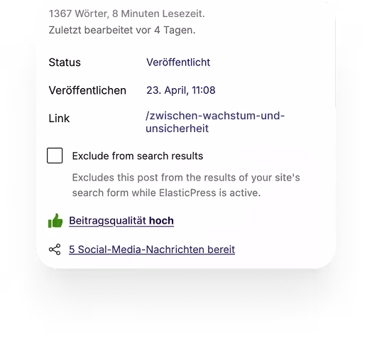 Screenshot showing article status veröffentlicht, Veröffentlichungsdatum, Link, Suchergebnisoption und Beitragsqualität hoch.
