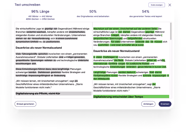 Vergleich von Originaltext und Umschreibung zum Thema Dauerkrise und Digitalisierung mit Hervorhebungen.