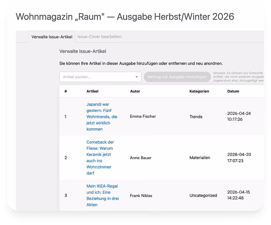 Verwaltungsseite für Artikel im Wohnmagazin ‚Raum‘ Ausgabe Herbst/Winter 2026 mit Autor- und Datumsliste.
