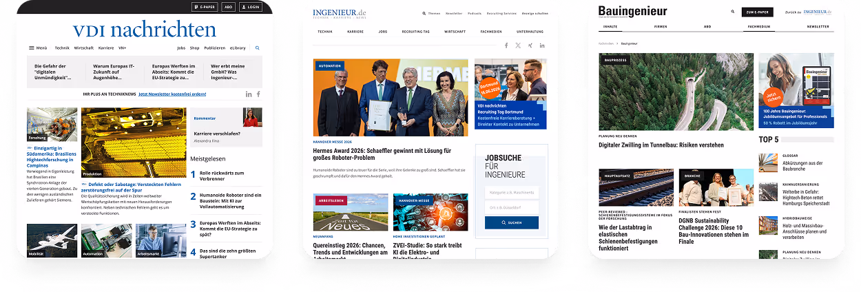 Drei deutsche Ingenieur-Websites mit Nachrichten zu Technik, Jobs, Innovationen und Bauingenieur-Themen.
