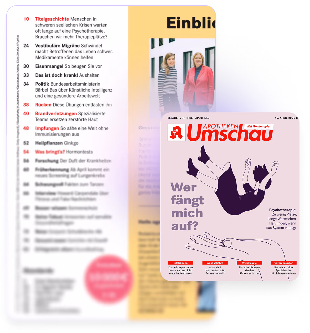 Cover der Apotheken Umschau zeigt eine Person, die fällt, und eine ausgestreckte Hand zum Fangen.