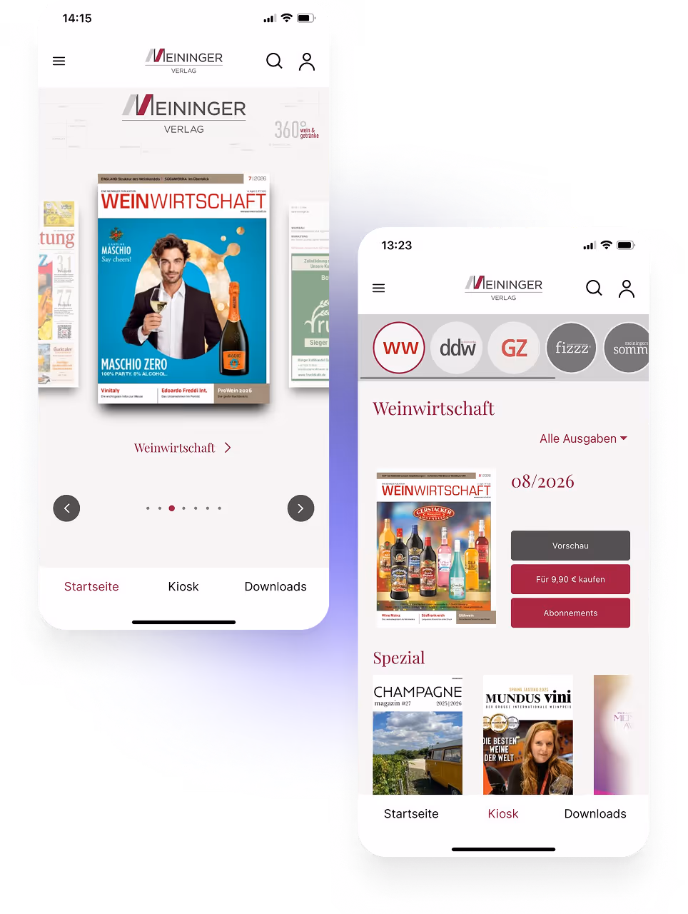 Zwei Smartphone-Bildschirme zeigen Meininger Verlag Weinwirtschaft Apps mit Magazincovern und Navigationsmenü.