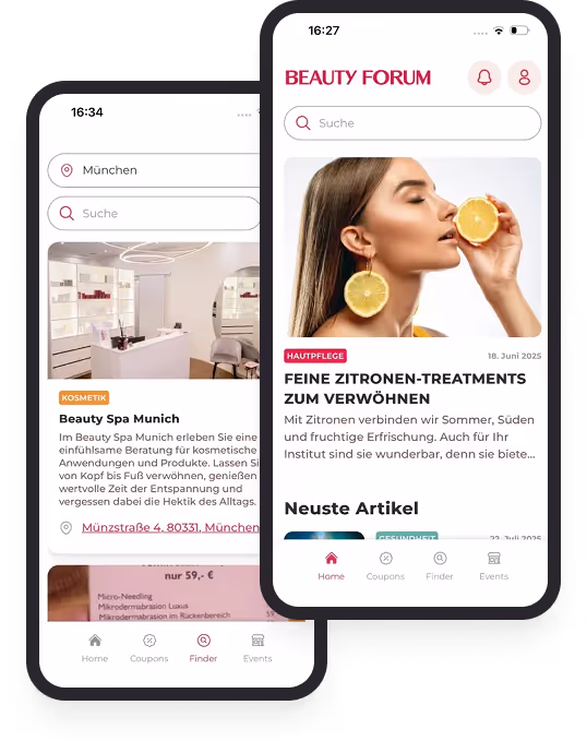Zwei Handybildschirme zeigen Beauty Forum App mit Zitronen-Treatment-Artikel und Beauty Spa Munich Infos.