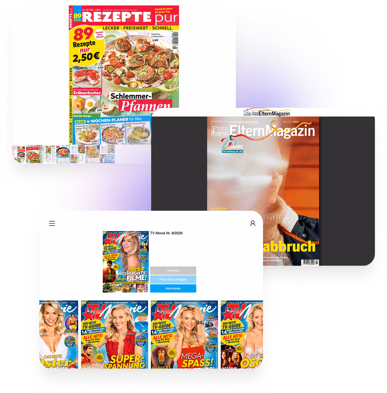 Deutsche Magazin-Cover: Rezepte pur mit Essen, Fritz & Fränzi ElternMagazin und TV Movie mit Promi-Cover.