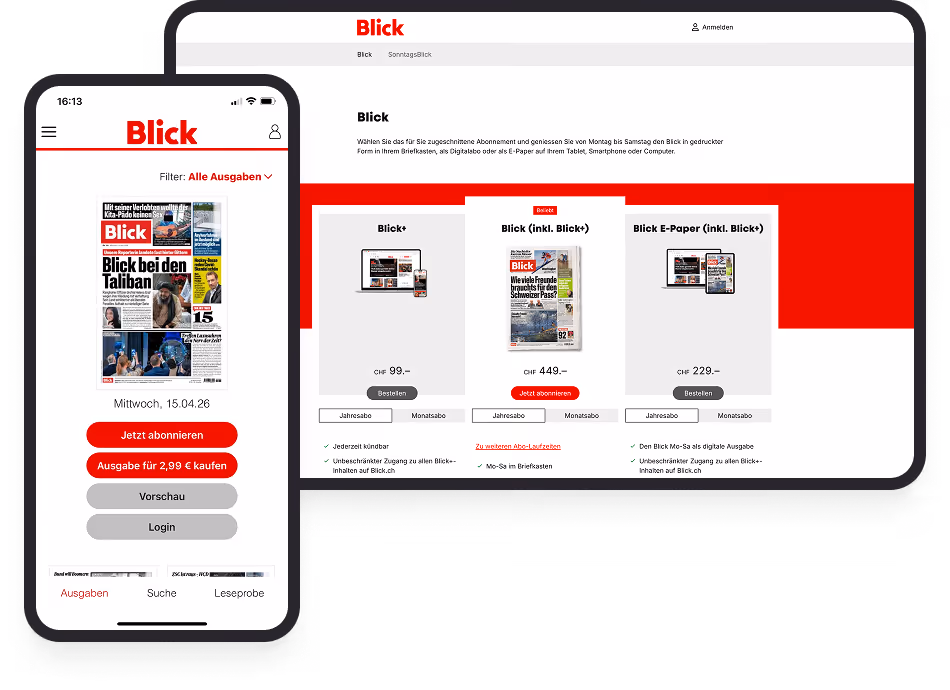 Blick-Abonnementoptionen auf Smartphone- und Tablet-Bildschirmen, mit Preisen und Bestellbuttons.