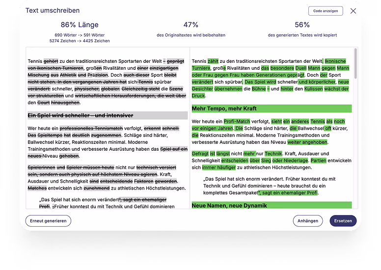 Textvergleich mit bearbeiteten Passagen in Grün und Originaltext durchgestrichen in Schwarz.