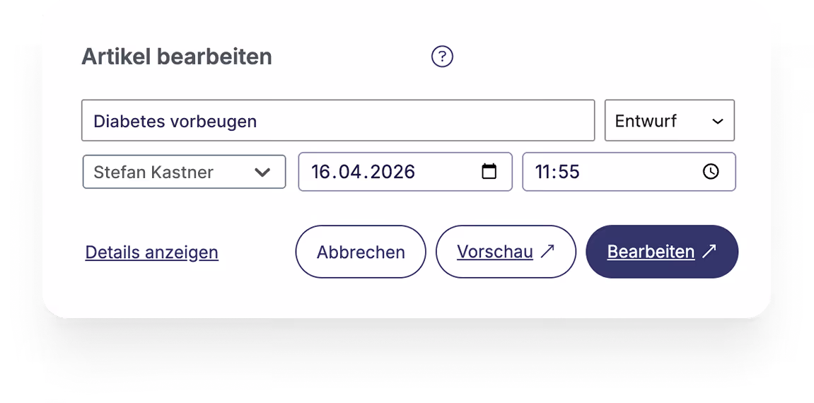 Formular zum Bearbeiten eines Artikels mit Titel, Autor, Datum, Uhrzeit und Aktionen wie Abbrechen, Vorschau, Bearbeiten.